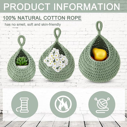 Honeydak Boho Decor Hanging Wall Baskets for Kitchen 3 Pack Teardrop Baskets with Hooks Storage Fruit Onion Vegetable Potato for Home 3 Sizes(Light Green,Cotton Rope)