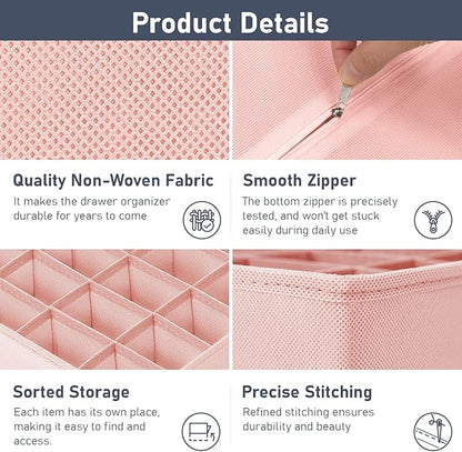 Joyoldelf Sock Drawer Organizer Divider 4 Packs Underwear Organizer, 2 x 24 Cell + 2 x 16 Cell Closet Organizers and Storage Sock Holders for Storing Socks, Handkerchiefs, Ties, Belts (Pink)