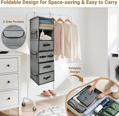 6-Tier Hanging Shelves with 5 Drawers & 3 Side Pocket,Durable Fabric Hanging Closet Organizer Holder with Sturdy Hook,Space-saving Storage Organization for Bedroom,Dorm,Guestroom,RV,Bathroom