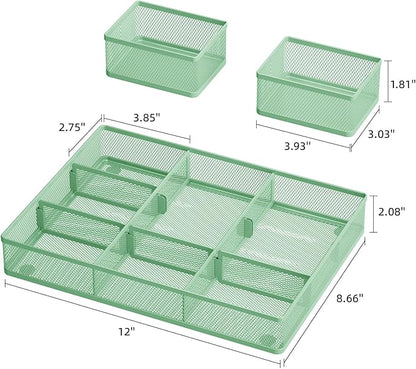Marbrasse 3 Packs Desk Drawer Organizers, Metal Mesh Dividers with 9 Adjustable Compartments, Pen Organizer for Drawer Tray Box Accessories for Desktop,Kitchen, Makeup(Green)