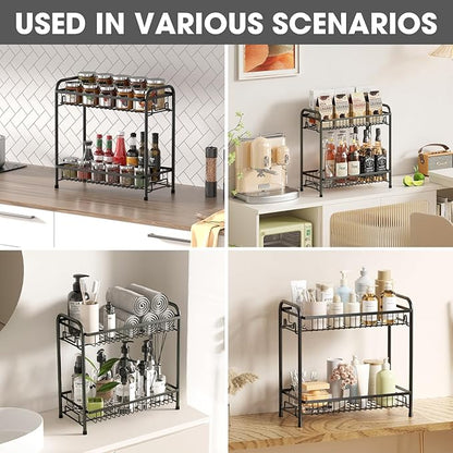 Spice Rack for Countertop, 2-Tier Standing Sturdy Metal Seasoning Organizer Holder, Space Saving Spice Shlef for Kitchen, Cabinet, Pantry Storage, Easy Assembly, Black