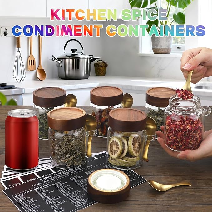 Small Glass Jar with Airtight Lids Spoons Sugar Ground Canister Round Food Storage Container for Spice Coffee Beans Nut Pasta Candy Rice Loose Tea (300ml/10oz-6Pack)