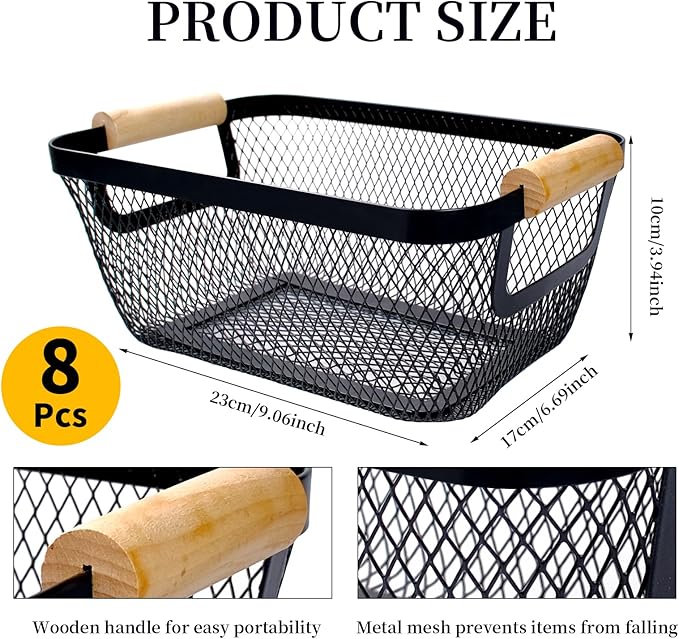 8 Pcs Black Wire Basket with Wooden Handle Metal Mesh Baskets for Pantry Storage Snack Organizer for Kitchen Cabinet Bathroom Fridge Fruit Makeup Office