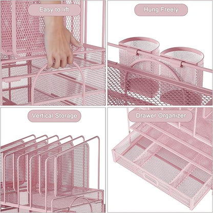 Marbrasse Desk Organizers, 4-Tier Mesh Desk File Organizer with 5 Vertical File Holders and 2 Pen Holders, Multifunction Desktop Organizer,Desk Organizers and Accessories for Home Office (Pink)