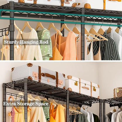 Heavy Duty Garment Rack, 3 Tiers Metal Adjustable Wire Shelves Closet Organizer and Storage Wardrobe Clothing Rack for Hanging Clothes with 2 Hanger Rods, Max Load 800LBS, Black