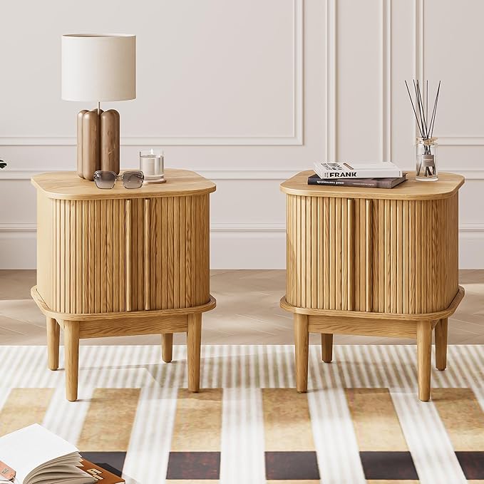 Set of 2 Fluted Nightstand with Sliding Doors, Modern Bedside Table with Solid Wood Legs, Wood Night Stand for Bedroom (Natural)
