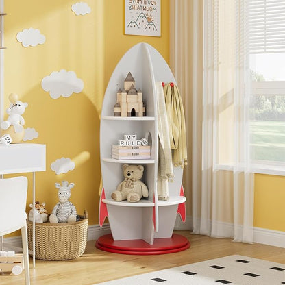 Rocket Kids Bookshelf, Space Themed Toy Storage Organizer with Coat Hooks, 360° Rotating Children's Bookcase for Playroom, Bedroom, Nursery