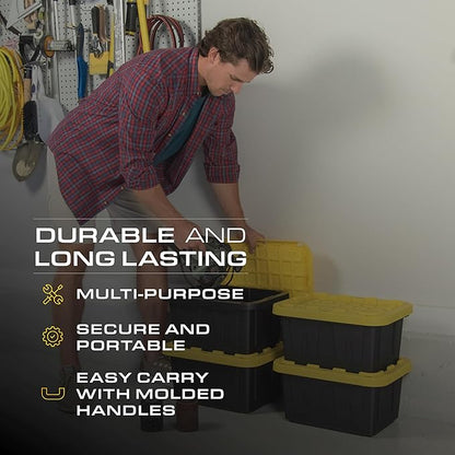 BLACK & YELLOW, 5-Gallon Heavy Duty Storage Bins with Lids, Stackable Plastic Storage Bins with Weather-Resistant Design, Home Organization, 6 Pack (8.6"H x 12.3"W x 16.4"D)