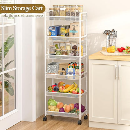 6 Tier Slim Rolling Storage Cart, Narrow Mobile Shelving Unit Organizer Utility Cart with Wheels, Metal Wire Storage Rack with Baskets for Kitchen, Bathroom, Laundry & Living Room, 10in(W) White