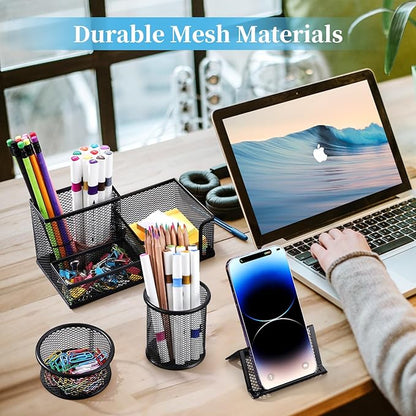 2-Piece Desk Pen & Pencil Organizer - Mesh Metal Pen Cup with Sticky Notes Holder, Black | Pen Cup, Marker Holder, Desk Caddy, Pen Organizer, Workspace