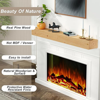 ROOMTEC Fireplace Mantel,60" Wood Floating Fireplace Shelves,Wall Mounted Wooden Display Shelving,Handcrafted Wood Brack,Natural Mantels Over Fireplace | 60" x 8" x 5"-Clear Varnished Natural Wood