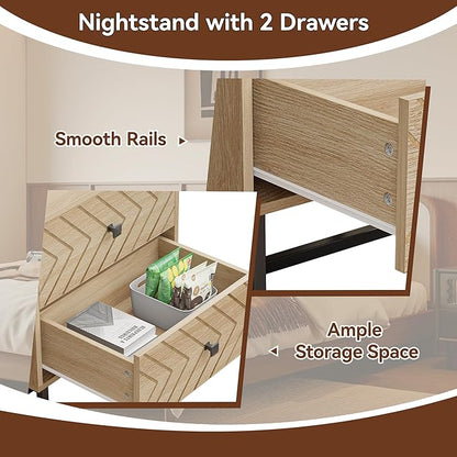 HOCAT Modern Nightstand with Two Storable Drawers,Sturdy Bedside Table Space-Saving Night Stand with Black Metal Legs for Bedroom,Oak