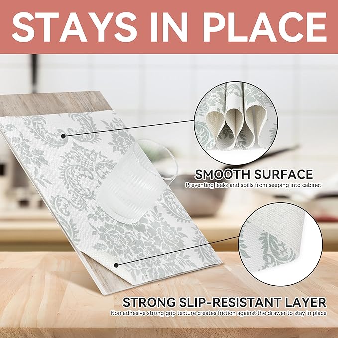 RAY STAR Shelf Liner, Non Adhesive Sage Green Damask Floral Kitchen Cabinet Liner for Pantry Drawer Pantry, Non Slip Waterproof, Shelf Liners for Kitchen Cabinets Cupboard 18 Inch x 8 FT (5 Rolls)