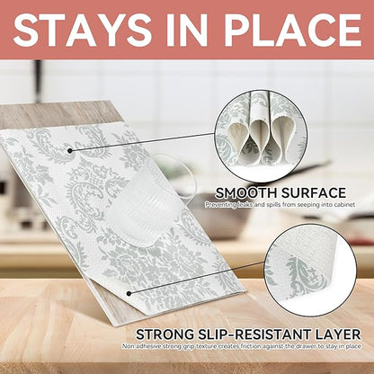 RAY STAR Shelf Liner, Non Adhesive Sage Green Damask Floral Kitchen Cabinet Liner for Pantry Drawer Pantry, Non Slip Waterproof, Shelf Liners for Kitchen Cabinets Cupboard 18 Inch x 8 FT (5 Rolls)