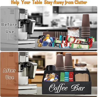 ugiftt Coffee Station Organizer for Counter, Wood Coffee Pods Holder Storage Basket, Tea Condiment Storage Organizer, Rustic Bar Decor for Accessories Organizer