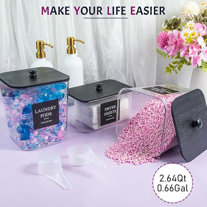 Laundry Pods Container, 3Pcs Acrylic Clear Laundry Room Organization Containers with Dryer Sheet Holder,Large Laundry Detergent Powder Storage Containers Black Wooden Lids & Labels