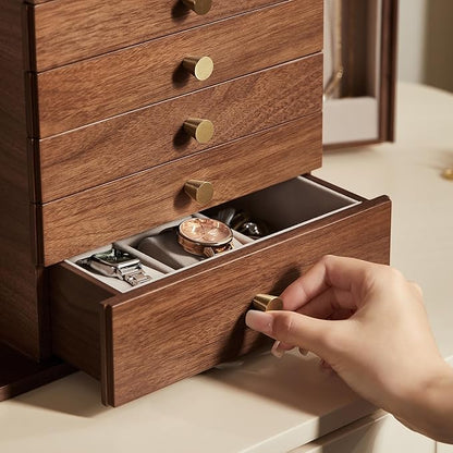 Homruilink Black Walnut Wooden Jewelry Box, Wood Jewelry Organizer with 2 Side Doors Mirror Lockable Classical Style for Watch Necklace Ring Earring Storage Christmas Gifts-6 Layer