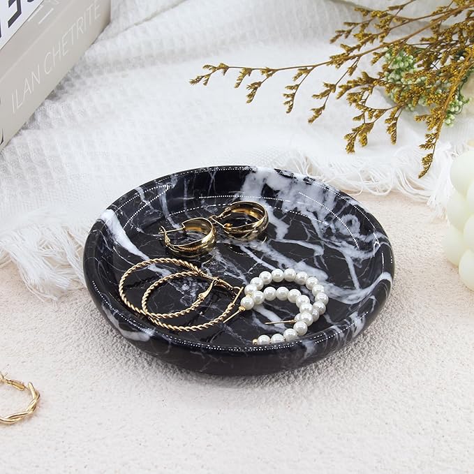 Plukers Small Natural Marble Jewelry Tray Key Plate Holder Dish Trinket Decor Catch All Bowl for Ring Earring Stone Gift for Women Daugther,Black