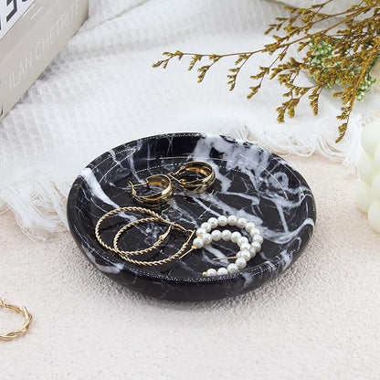 Plukers Small Natural Marble Jewelry Tray Key Plate Holder Dish Trinket Decor Catch All Bowl for Ring Earring Stone Gift for Women Daugther,Black