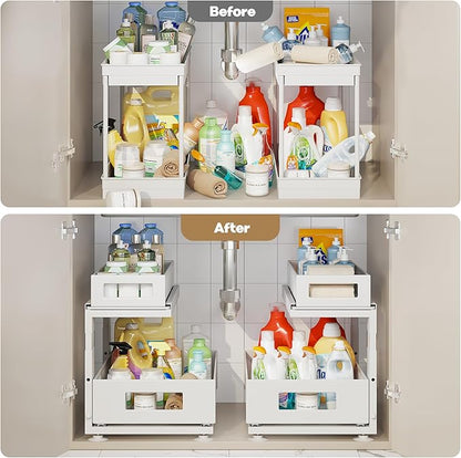 2 Pack Under Sink Organizer with Next-Gen Ball-Bearing Slides,2-Tier Pull Out Cabinet Storage,Height Adjustable Drawer Shelf for Bathroom,Kitchen,Laundry,Cabinet,Pantry(Patent Pending)
