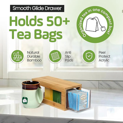 Bamboo and Acrylic Drawer Tea Bag Holder- Durable & Elegant Tea Bag Storage Holder for Kitchen Countertop, Space-Saving Tea Drawer Organizer