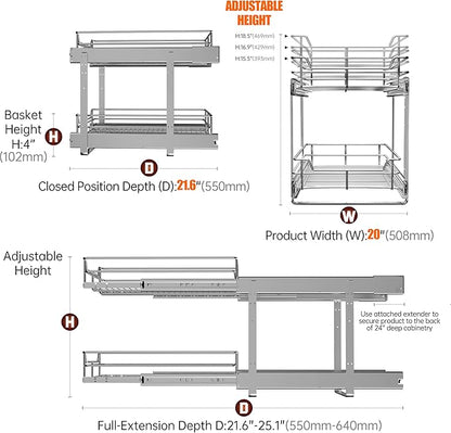 2-Tier Cabinet Pull Out Shelves (20" W x 22" D), Slide Out Shelves for Kitchen Cabinets, Metal Pots and Pans Organizer for Under Cabinet