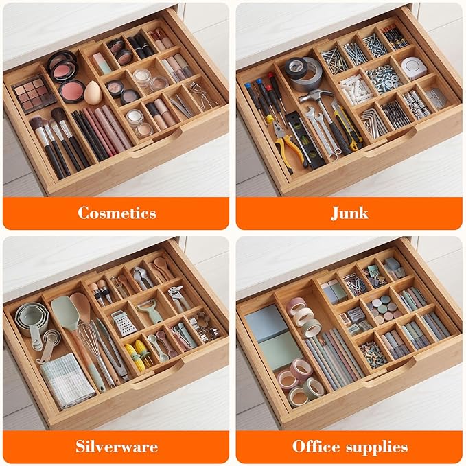 1 Pcs Bamboo Desk Drawer Organizer 2 Inch Height Expandable Drawer Organizer Trays with 13 Adjustable Compartments Desk Accessories for Makeup Silverware Office Bathroom(Wood)