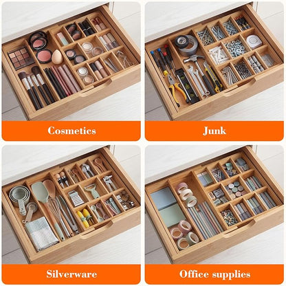 1 Pcs Bamboo Desk Drawer Organizer 2 Inch Height Expandable Drawer Organizer Trays with 13 Adjustable Compartments Desk Accessories for Makeup Silverware Office Bathroom(Wood)