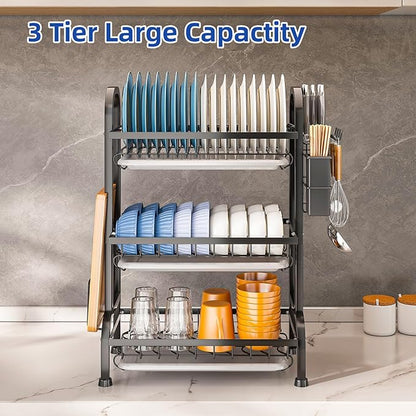 HOISIMDY Dish Drying Rack 3 Tier Large Capacity Kitchen Dish Draining Rack Countertop Cultery Drainer with Drip Tray