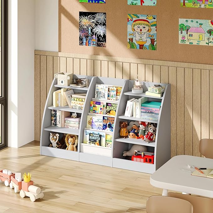 4 Tier Kids Bookshelf, 4 Layer Sling Kids Book Shelf for Kids Rooms, XXL Wood Children Bookcase,Baby Storage Book Rack,Toddler Bookshelf, Book and Toy Organizer,Book Display Shelf for Bedroom, Nursery