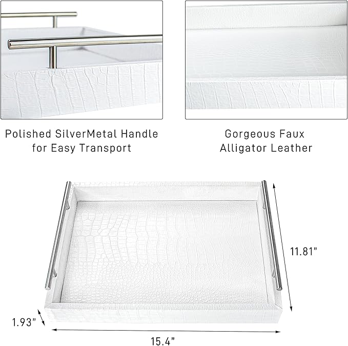 White Leather Serving Tray with Silver Handles, Rectangular Tray for Coffee Table, Ottoman, Alligator Faux Leather, Decorative Trays for Home Decor, for All Occasions, 16" x 12"