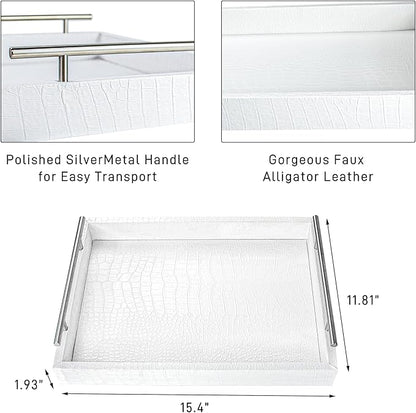 White Leather Serving Tray with Silver Handles, Rectangular Tray for Coffee Table, Ottoman, Alligator Faux Leather, Decorative Trays for Home Decor, for All Occasions, 16" x 12"