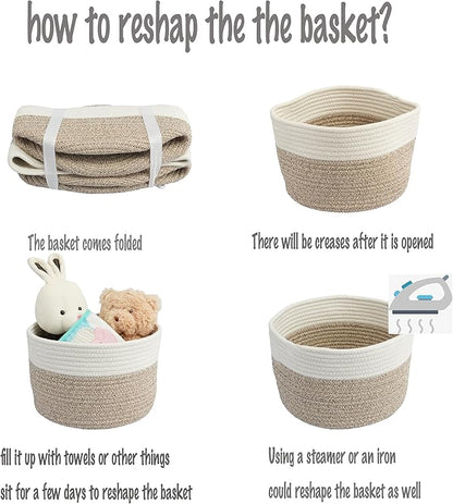 Woven Cotton Storage Baskets - 3-Pack Round Bins (10x10x7'') for Shelves, Closets & Bookcases | Durable Rope Organizers for Nursery, Baby, Toys, Easter & More white and brown