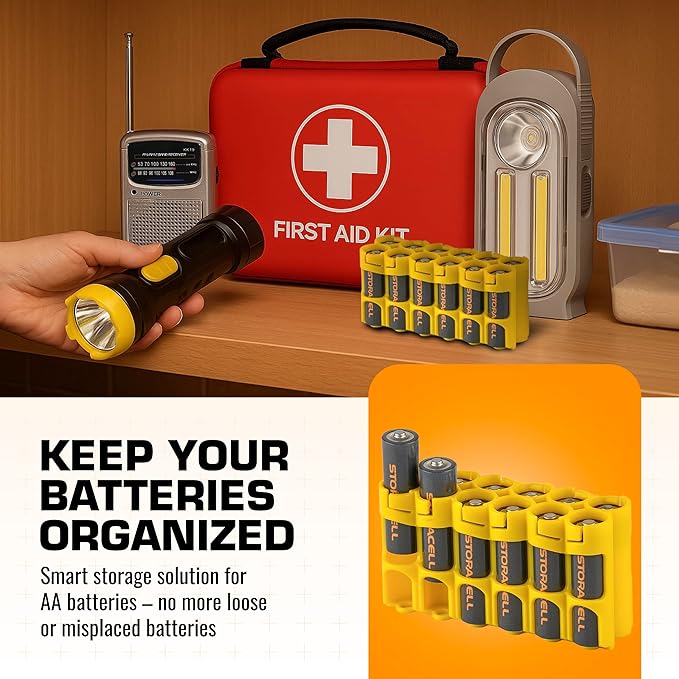 Storacell by Powerpax AA Battery Storage Caddy, Yellow, Holds 12 Batteries (Not Included)