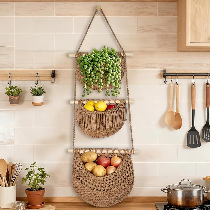 3 Tier Hanging Fruit Baskets for Kitchen, Boho Cotton Rope Handwoven Vegetable Hammock Produce Storage Wall Mounted Large Organizing Basket for Farmhouse Decor, Over The Door, Onion, Potato (Caramel)