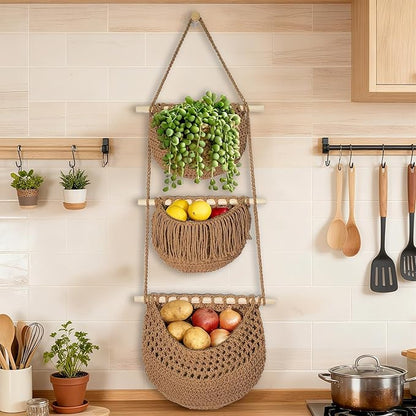 3 Tier Hanging Fruit Baskets for Kitchen, Boho Cotton Rope Handwoven Vegetable Hammock Produce Storage Wall Mounted Large Organizing Basket for Farmhouse Decor, Over The Door, Onion, Potato (Caramel)