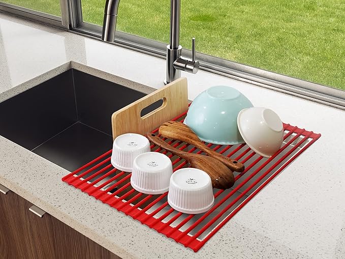 Zulay Kitchen Large Roll Up Dish Drying Rack - Heavy Duty Silicone Wrapped Steel Rods Over Sink Dish Drying Rack - Versatile Roll Up Sink Drying Rack & Trivet - Red,20.5 inches x 13 inches
