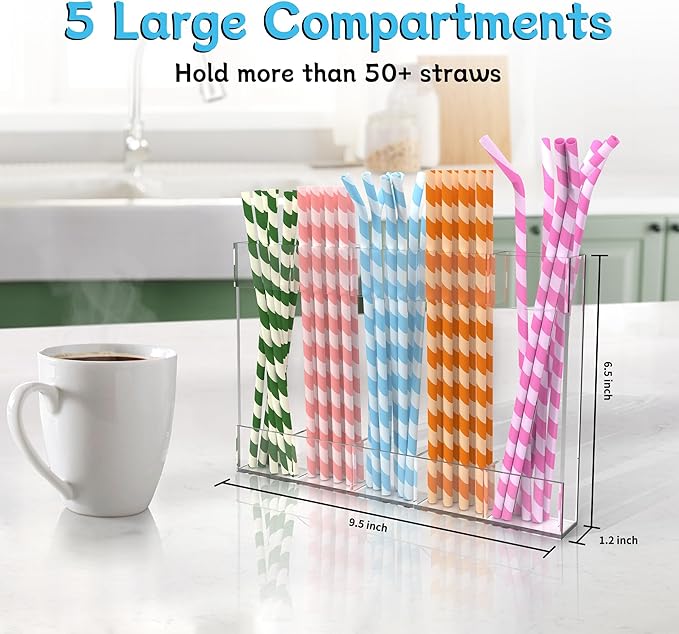 Acrylic Straw Holder for Cabinet Door, 9.5" Reusable Straws Organizer Storage Dispenser with Ultra Sticky Adhesive, Kitchen Accessories Container for Counter Cupboard (Transparent)
