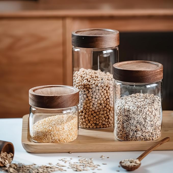 3 Pack 17 fl oz/500ml Clear Glass Storage Canister with Airtight Wooden Screw On Lid, Small Cute Decorative Glass Container Jar Set for Coffee, Candy, Cookie, Condiment, Pepper, Sugar, Oatmeal
