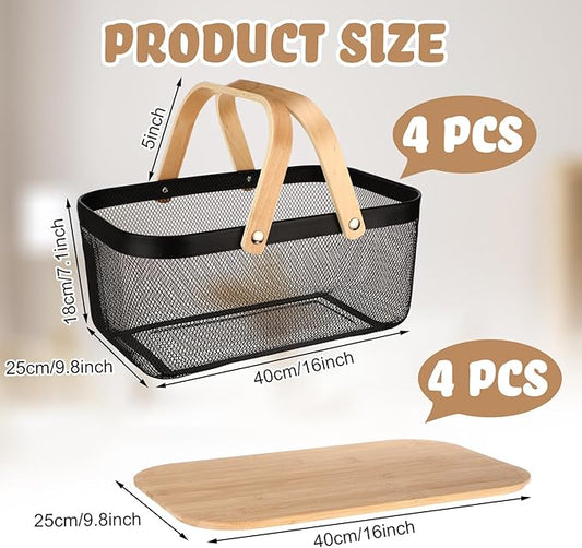 4 Pcs Mesh Steel Basket with Handles and Lids Wire Mesh Basket Garden Baskets for Gathering Vegetables Fruit Harvest Storage Organizer for Kitchen Drying Food(16 Inch,Black)