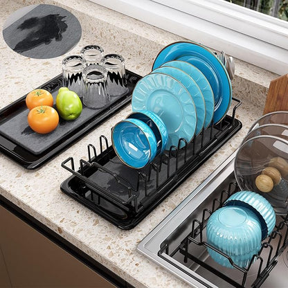 ouimei Sink Dish Drying Rack - Expandable Over Sink (15"-20" Fit), Diatomaceous Earth Tray for No-Drain Drying! Compact Dish Drainer for Small Kitchens, Apartments & RVs(Black)