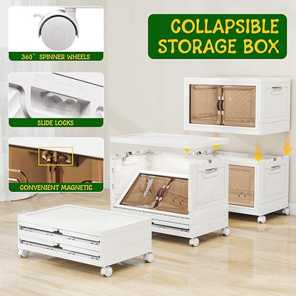Vavkorkula Storage Bins with Lids and Wheels, 330QT-165QT*2Tier Collapsible Bathroom Storage Cabinet with Clear Doors, Plastic Stackable Closet Organizers and Containers White