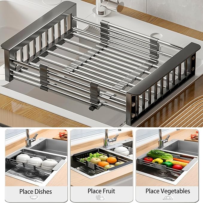 Large Dish Drying Rack for Kitchen Counter/Sink, Expandable Stainless Steel Sink Organization and Storage Essentials, Home and Appartment Decor, 8.86" W x 11.22"-18.5" L,Black