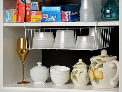 YBM HOME Under Shelf Wire Basket Storage Organizer for Kitchen Pantry - White Hanging Metal Wrap Rack, Easy to Install, (2 Pack, Small) 2221-2