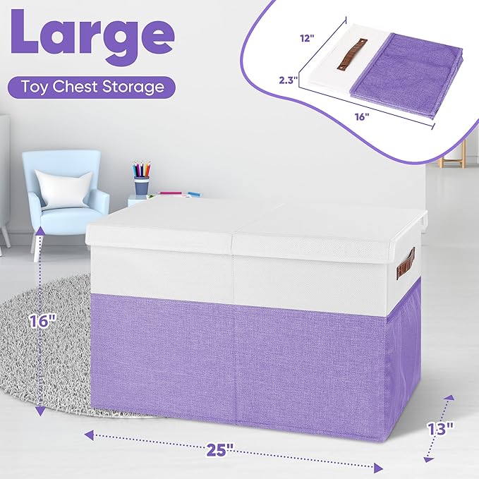 Large Toy Box, Collapsible Sturdy Storage Chest With Lids, Kids Toy Chest Storage Organizer Toddler Bin Boxes for Living Room, Bedroom, Nursery, 25"x13"x16", Purple & White