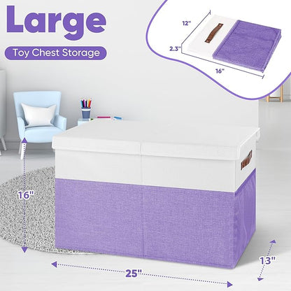 Large Toy Box, Collapsible Sturdy Storage Chest With Lids, Kids Toy Chest Storage Organizer Toddler Bin Boxes for Living Room, Bedroom, Nursery, 25"x13"x16", Purple & White