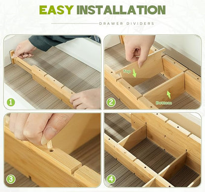 Bamboo Drawer Dividers 4PCS with Inserts, Expandable Kitchen Utensil Drawer Organizers,Adjustable drawer organizer for deep drawers Dresser Closet Underwear Storage Bedroom Bathroom Drawers(16.6"-22")
