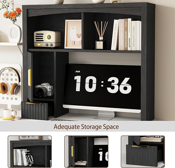Desktop Shelf, Wooden Desk Hutch with Storage, Desktop Bookshelf with Cabinet and Drawer, Office Desk Organizer, Space-Saving Organization, Over Desk Storage Shelves for Home, Dorm, Black