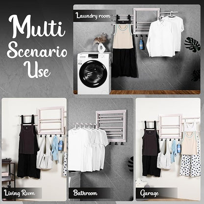 Wall Mounted Drying Rack - Clothes Drying Rack Wall Mounted for Laundry - 20 INCH - with 5 Hooks and 8 arms - 80 lbs Capacity - White Bamboo