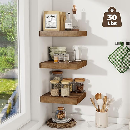 Fun Memories 12 Inch Square Floating Shelves 3 Pack - Wall Shelves with Invisible Brackets, Small Floating Shelves for Wall, Walnut Wood Shelves for Bathroom, Living Room, Bedroom, and Kitchen Decor